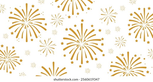 Set of golden fireworks icon. Festive fireworks with stars and sparks isolated on white background. Vibrant fireworks simple line icons.	