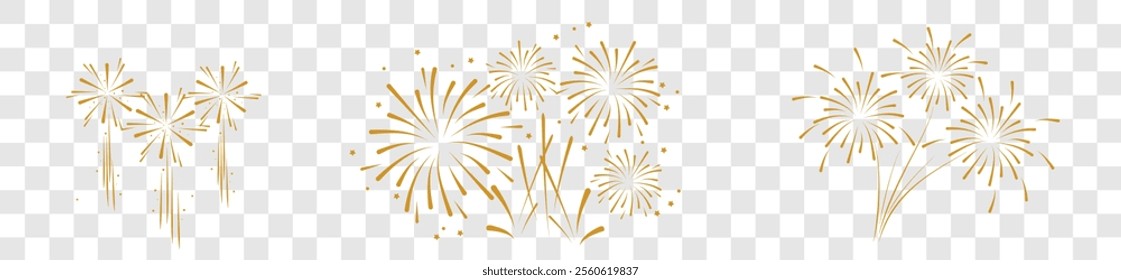 Set of golden fireworks icon. Festive fireworks with stars and sparks isolated on white background. Vibrant fireworks simple line icons.	