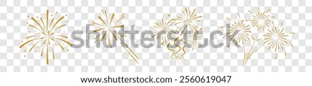 Set of golden fireworks icon. Festive fireworks with stars and sparks isolated on white background. Vibrant fireworks simple line icons.	