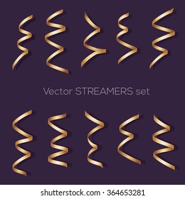 Set of golden flat streamers isolated on dark background. Carnival party serpentine decoration for your design or greating card.