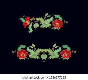 Set of golden floral adornment with decorative red poppy flowers on dark background