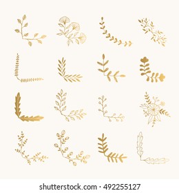 Set of golden floral corners. Hand drawn ink illustration. Vector isolated.