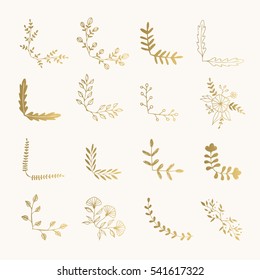 Set of golden floral corners. Hand drawn ink illustration. Vector isolated