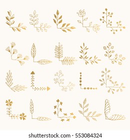 Set of golden floral corners. Hand drawn ink illustration. Vector isolated.