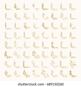 Set of golden floral corners. Hand drawn ink illustration. Vector isolated.