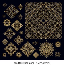 Set of golden floral decorative elements - ornamental rosettes, mandala, ornamental vector border ribbons, oriental style, on dark background