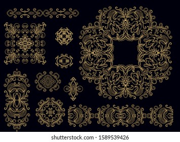 Set of golden floral decorative elements - ornamental rosettes, mandala, ornamental vector border ribbons, oriental style, on dark background