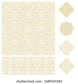 Set of golden floral decorative elements - ornamental rosettes, mandala, ornamental vector border ribbons, oriental style, on white background