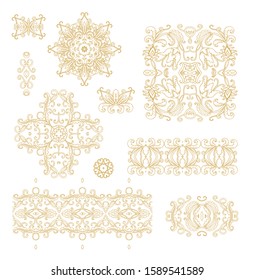 Set of golden floral decorative elements - ornamental rosettes, mandala, ornamental vector border ribbons, oriental style, on white background