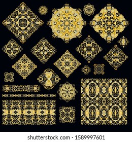 Set of golden floral decorative elements - ornamental rosettes, mandala, ornamental vector border ribbons, oriental style, on dark background