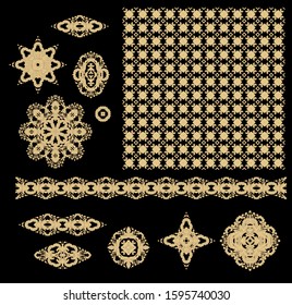 Set of golden floral decorative elements - ornamental rosettes, mandala, ornamental vector border ribbons, oriental style, on dark background