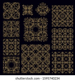 Set of golden floral decorative elements - ornamental rosettes, mandala, ornamental vector border ribbons, oriental style, on dark background