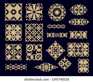 Set of golden floral decorative elements - ornamental rosettes, mandala, ornamental vector border ribbons, oriental style, on dark background