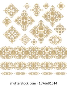 Set of golden floral decorative elements - ornamental rosettes, mandala, ornamental vector border ribbons, oriental style, on white background