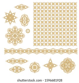 Set of golden floral decorative elements - ornamental rosettes, mandala, ornamental vector border ribbons, oriental style, on white background