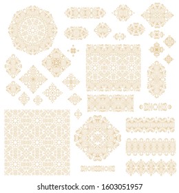 Set of golden floral decorative elements - ornamental rosettes, mandala, ornamental vector border ribbons, oriental style, on white background