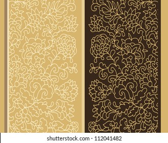 Set of golden floral decorative patterns, intricate stamp design, kalamkari