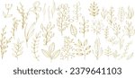 Set of golden floral elements. Flower and gold leaves. Wedding concept - flowers. Floral poster, invite. Vector arrangements for greeting card or invitation design
