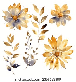 Set of golden floral elements. Flower and gold leaves.Floral Vector arrangements for greeting card or invitation and wedding design