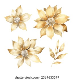 Set of golden floral elements. Flower and gold leaves.Floral Vector arrangements for greeting card or invitation and wedding design