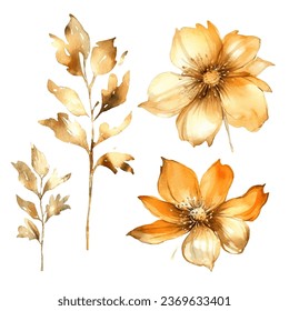 Set of golden floral elements. Flower and gold leaves.Floral Vector arrangements for greeting card or invitation and wedding design