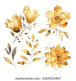 Set of golden floral elements. Flower and gold leaves.Floral Vector arrangements for greeting card or invitation and wedding design