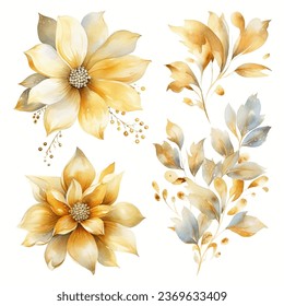 Set of golden floral elements. Flower and gold leaves.Floral Vector arrangements for greeting card or invitation and wedding design