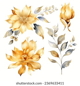 Set of golden floral elements. Flower and gold leaves.Floral Vector arrangements for greeting card or invitation and wedding design