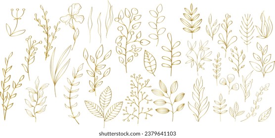 Set of golden floral elements. Flower and gold leaves. Wedding concept - flowers. Floral poster, invite. Vector arrangements for greeting card or invitation design
