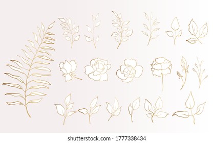 Set of golden floral elements. Gold flower and leaves. Vector arrangements for greeting card or invitation design