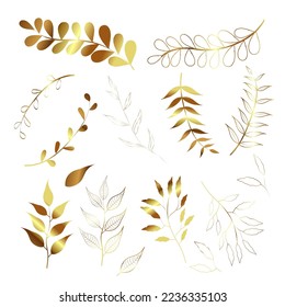 Set of golden floral elements. Gold leaves. Wedding concept - flowers. Floral poster, invite. Vector arrangements for greeting card or invitation design