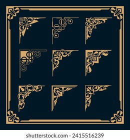 set of golden floral frame border and corner 