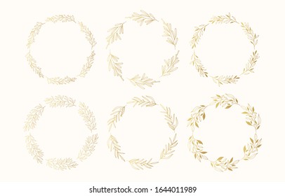Conjunto de marcos dorados de hierbas florales. Coronas rústicas de oro para la boda. Vector aislado de resorte florecen las ramas de los bordes.