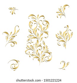 Set of golden floral pattern. Ornamental border. Flowery swirls and flowers. Decorative design element for greeting cards, covers, paper, wallpaper, background.