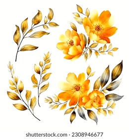 Set of golden floral watecolor. golden flower, golden leaves. Floral poster, invitation floral. Vector arrangements for greeting card or invitation design