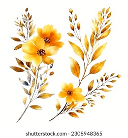 Set of golden floral watecolor. golden flower, golden leaves. Floral poster, invitation floral. Vector arrangements for greeting card or invitation design