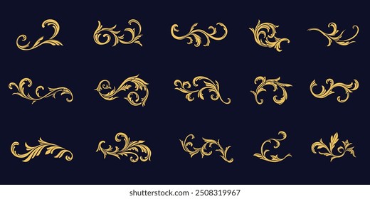 Set of golden flourish, filigree, baroque, Decorative vintage border, frames, corner. Vector design luxury  decoration pattern calligraphic design. Gold arabesque ornamental decorate