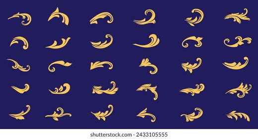  Set of golden Flourishes Calligraphic Ornaments. Swirl Gold Vintage Decorations Elements. Baroque, Arabesque, damask, victorian, floral leaf pattern, Filigree elegant ornamental.