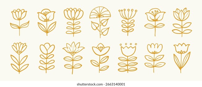 set golden flower botanical element
