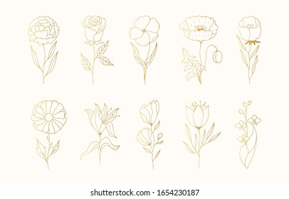 Set of golden flowers. Decoration floral elements for wedding. Vector isolated spring gold poppy, rose, lily.