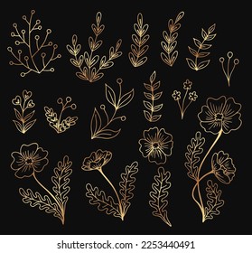 Set of golden flowers sketches.