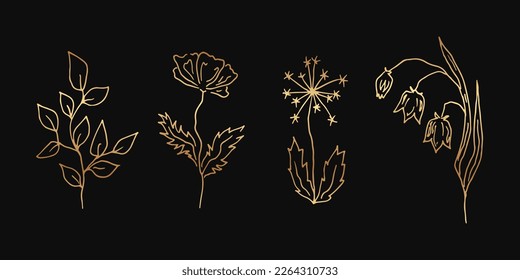Set of golden flowers sketches on a black background.