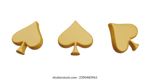 Set of golden flying spades in different positions on white background. Gambling concept, playing poker, and online casino. Vector illustration in 3D style