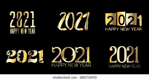 Set von Golden Foil 2021 Banner Graphic 2021 Icon Texture. Weihnachtslogo-Hintergrund. Winterurlaub Feiertage-Grenze. Set of Golden Foil 2021 Text Typografie. Alles Gute zum neuen Jahr Poster Design.