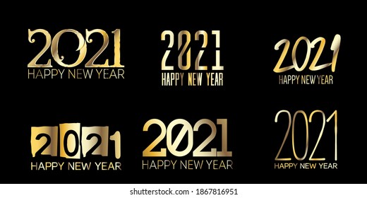 Set of Golden Foil 2021 Border Winter Holiday Celebration Frame. Graphic 2021 Icon Texture. Christmas Logo Background. Set of Golden Foil 2021 Text Typography. Happy New Year Poster Design.