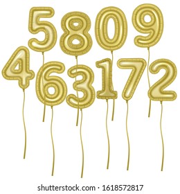 Set with golden foil balloons in shape of numbers, balloons in golden metallic style isolated on white background, vector eps 10 format