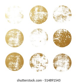 Set of golden foil round textures for logos, labels, branding, frames. Place for text. Golden glitter leaf foil textured circle stamps.