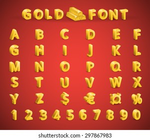 Set golden font (letters, numbers, symbols: currency, dollar, euro)
