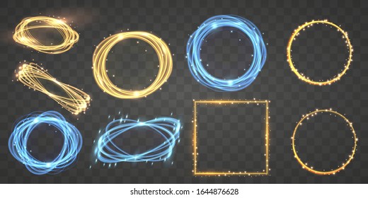 Set of Golden frame with circle lights effects. Isolated on black transparent background. 