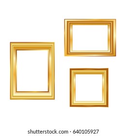 Set of golden frame isolated on white background. Classic style composition of blank picture frame template. Modern design element for you product mock-up or presentation.